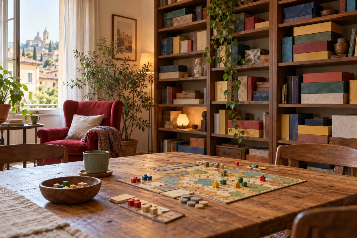 Scaffali con scatole di giochi e un tavolo accogliente