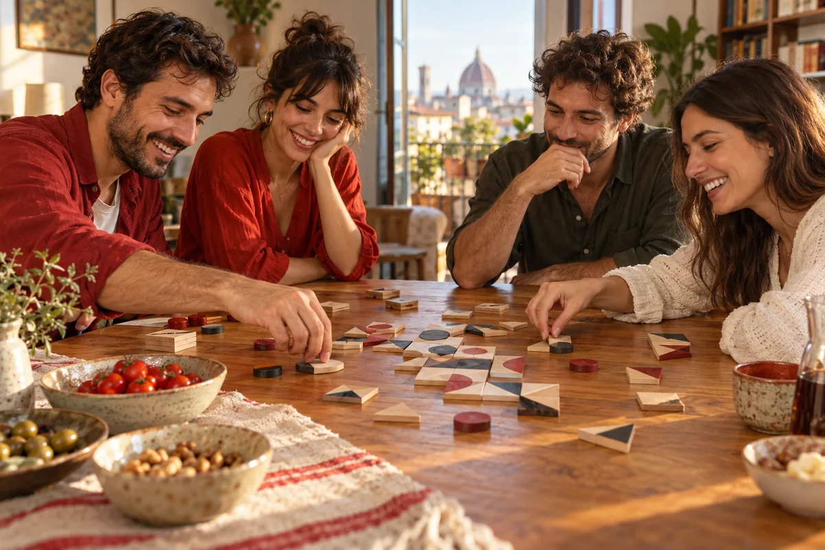 Quattro amici giocano attorno a un tavolo in una casa italiana